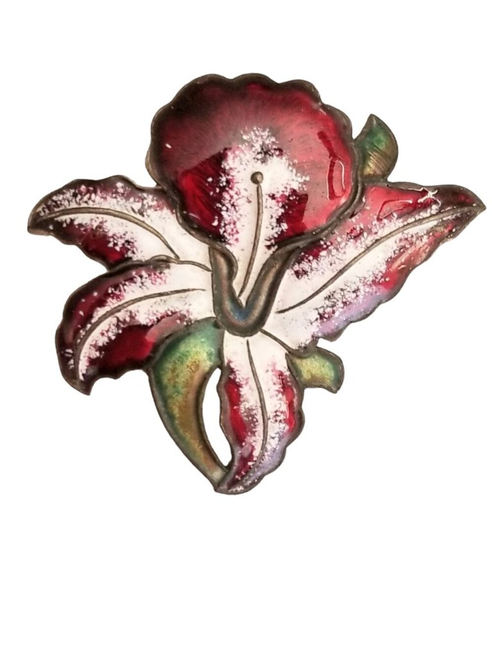 Holland Silver Tone Red Enamel Flower Pin Brooch, Signed M15